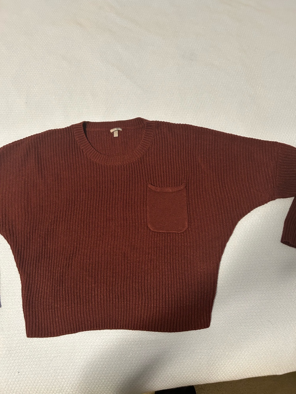Charlotte Russe Crewneck Ribbed Sweater with Pocket - Burgundy Color